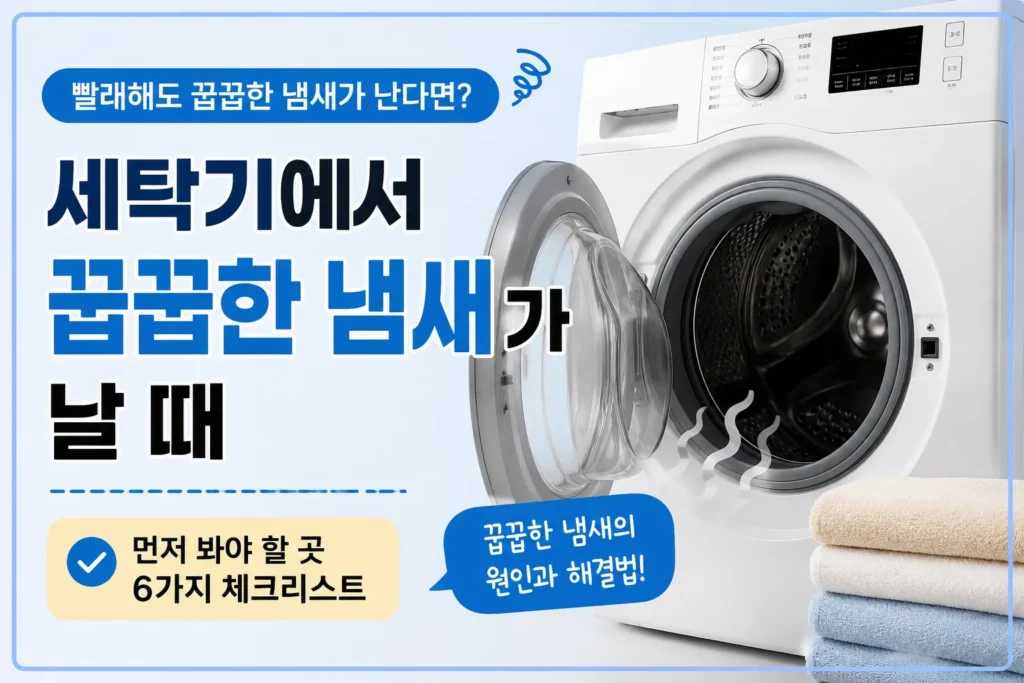 세탁기에서 꿉꿉한 냄새가 날 때 확인해야 할 원인을 설명하는 썸네일 이미지