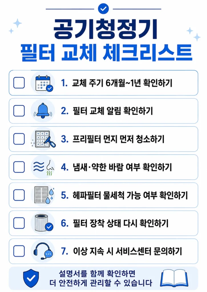 공기청정기 필터 교체 전 확인할 항목을 정리한 세로형 체크리스트