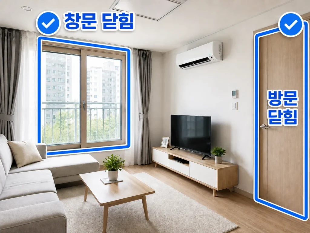 에어컨이 켜진 거실에서 창문과 방문이 닫혀 있는지 확인하는 모습