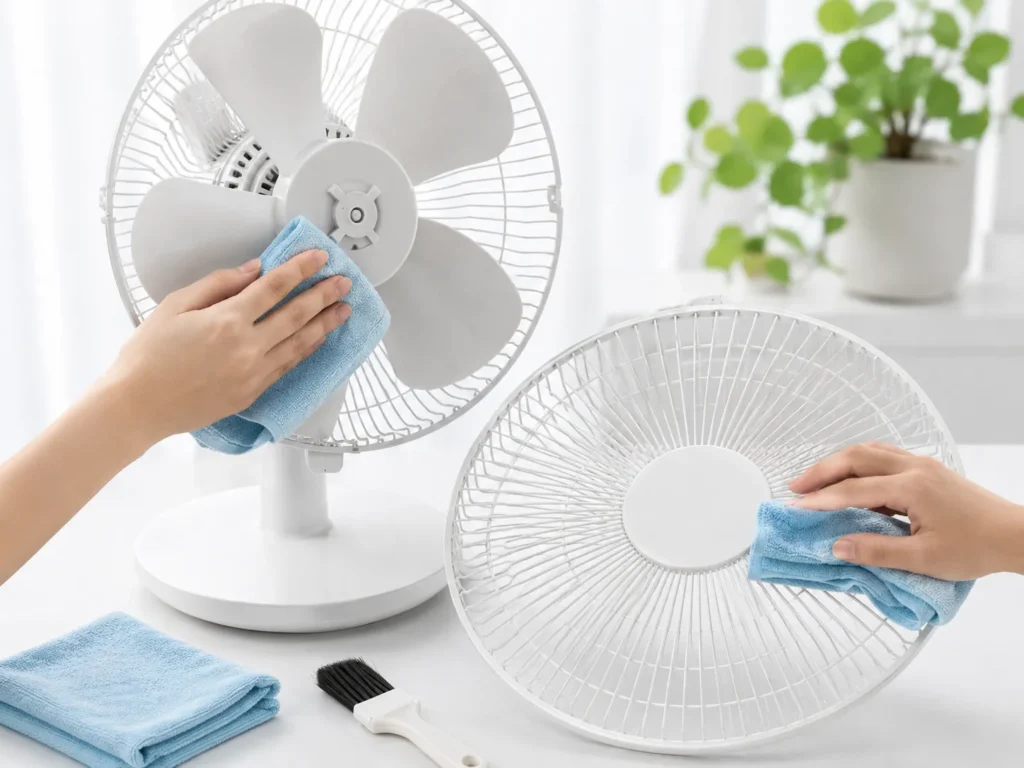 선풍기 앞망을 분리한 뒤 날개를 부드럽게 닦는 모습