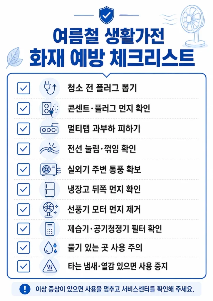 여름철 생활가전 화재 예방 체크리스트 인포그래픽